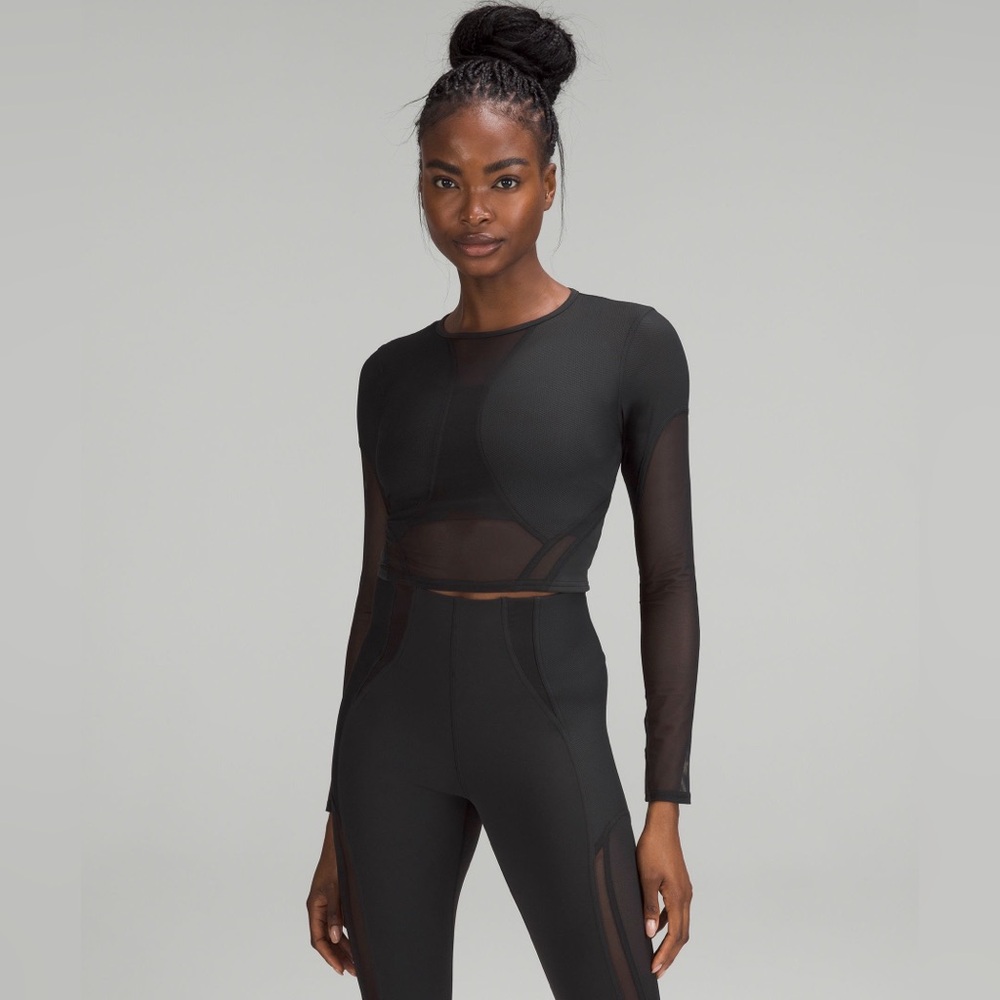Black Mesh Long Sleeve Crop Top